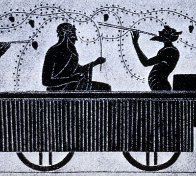 Ancient Greek illustration of figures and trailing vines