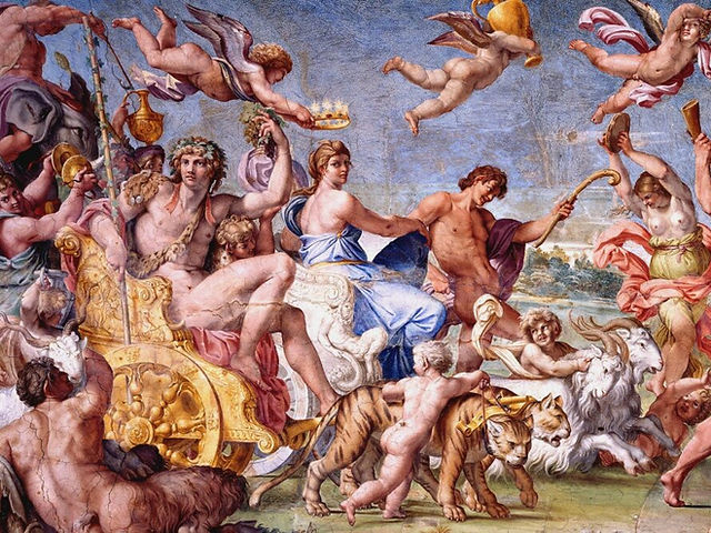 Classical painting of a gathering of gods and celebrants